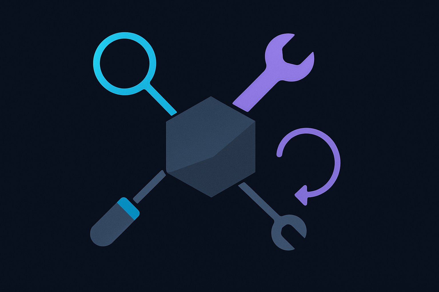 A central node with arms reaching out to operate several tools, with a loop arrow returning.