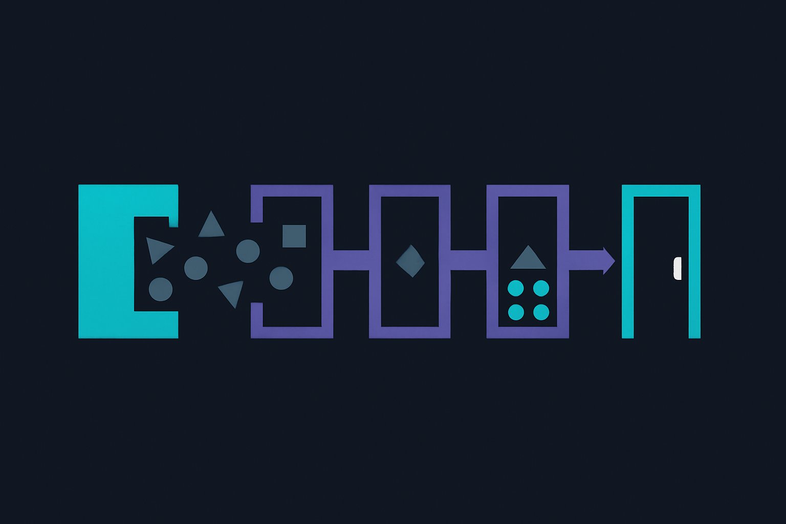 Small shapes entering through a single gate into a corridor of orderly checkpoint frames and emerging transformed on the far side.