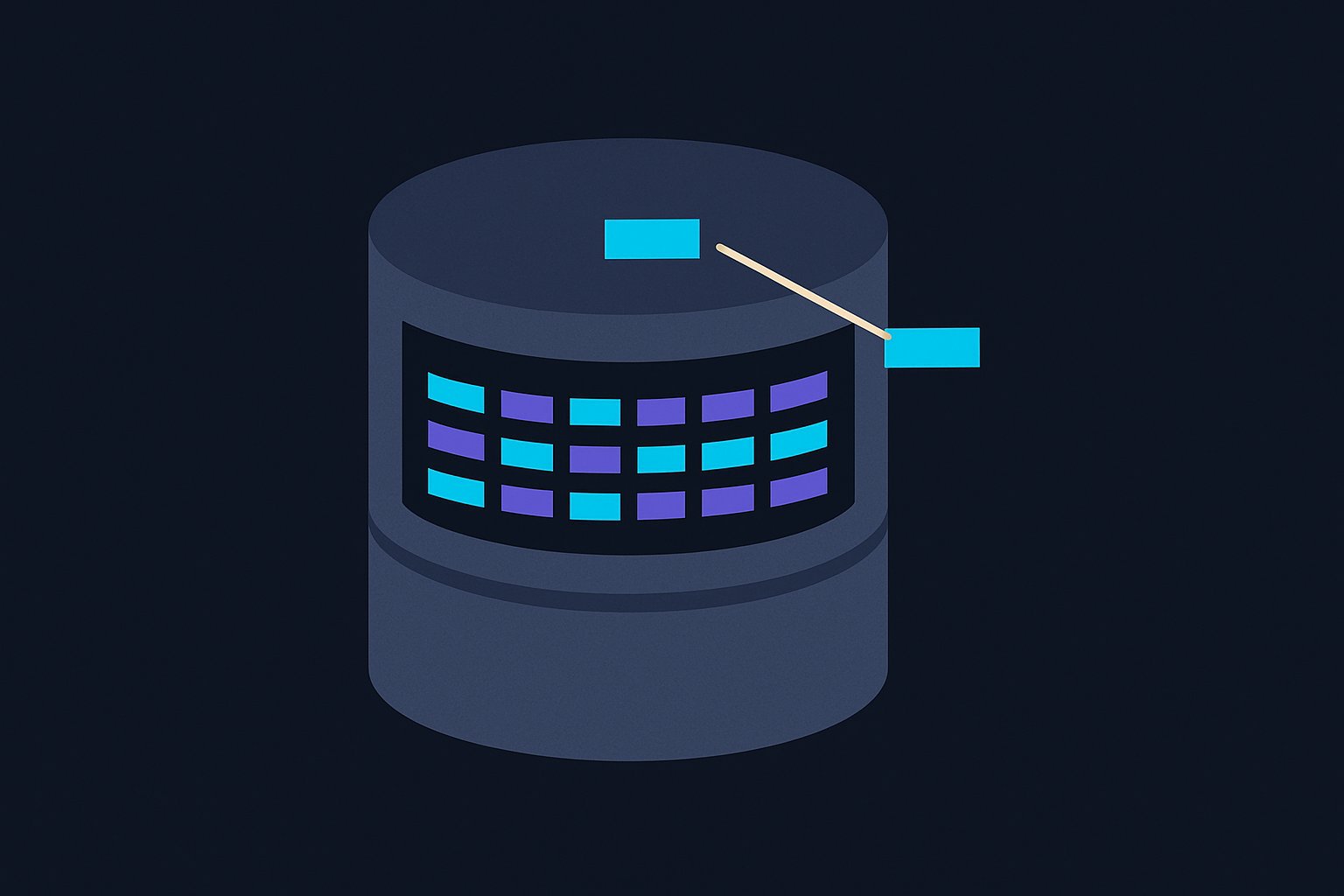 A calm stacked-cylinder vault with neat rows of blocks stored in visible layers, one block being placed by a thin beam.