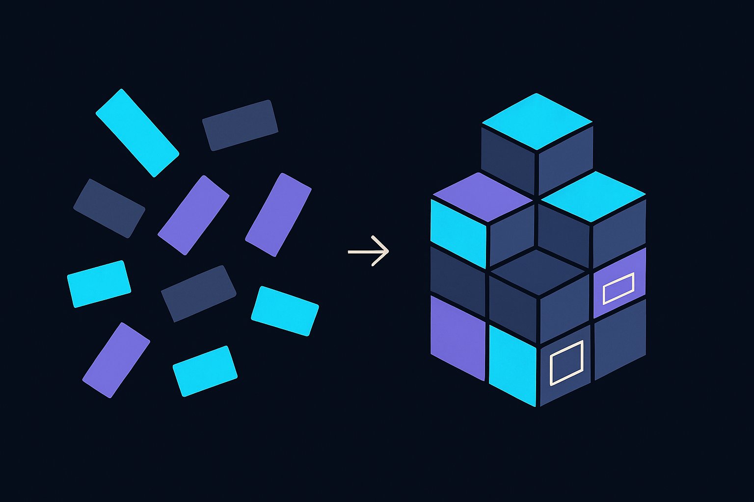 Scattered loose bricks on the left, an arrow, and the same bricks assembled into one structured building on the right — knowing pieces versus seeing the system.