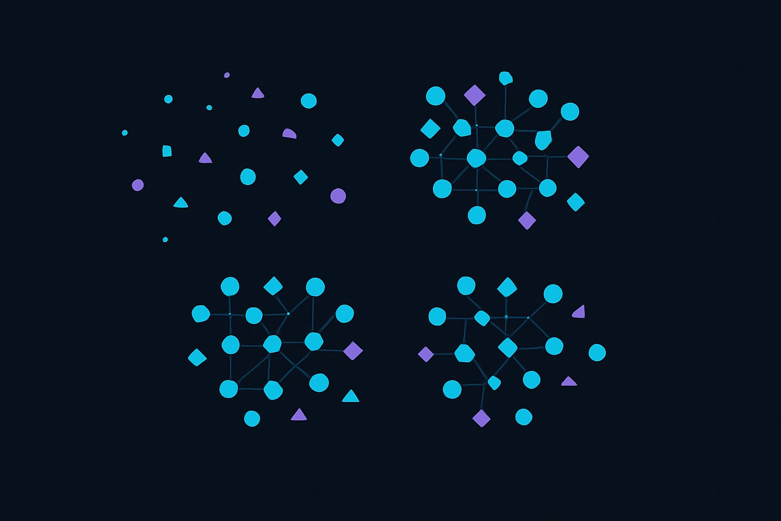 Scattered shapes drifting into tight clusters where similar shapes sit close together.