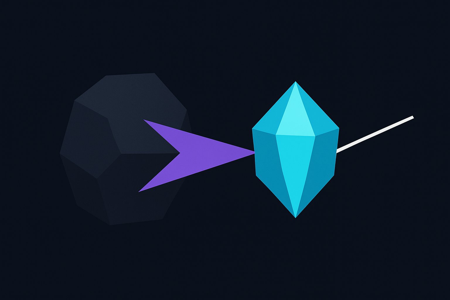 A general polygon refined by a focused beam into a sharper crystal, with a path continuing onward.
