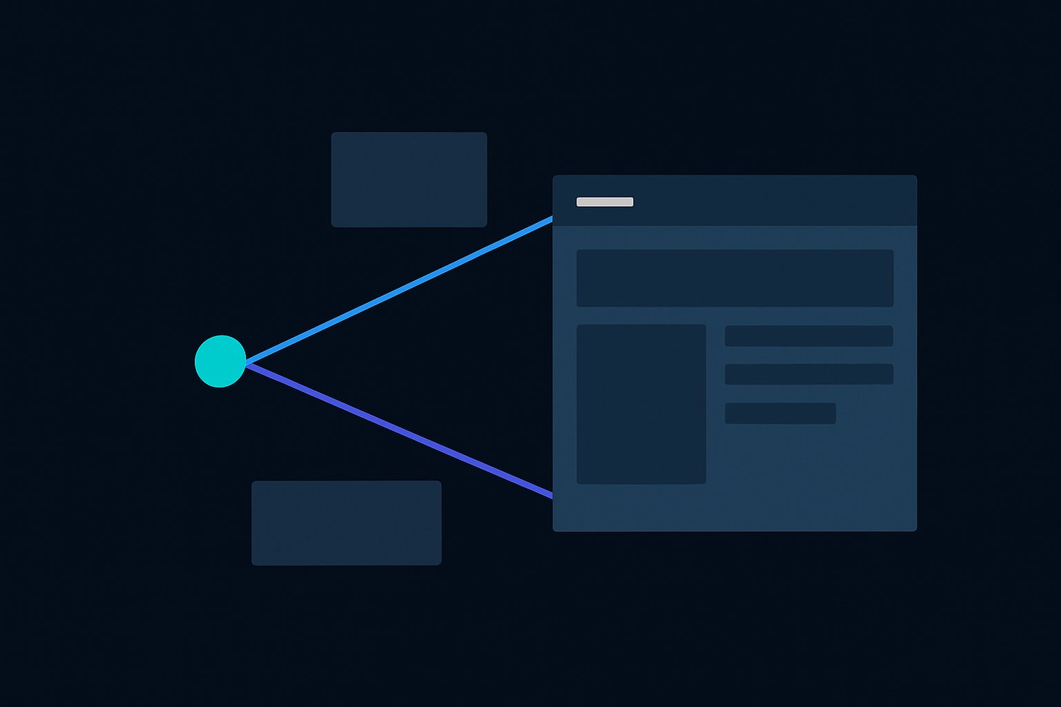A single bright origin node casting straight guide-beams that position floating interface panels into an assembling screen layout.