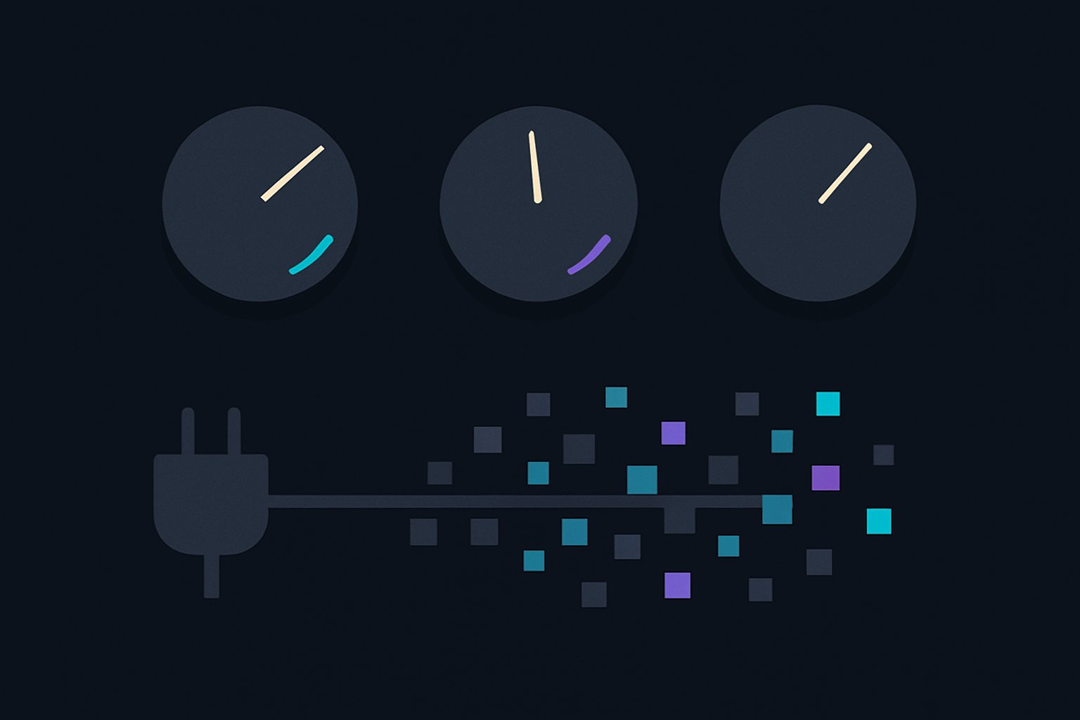 Three dials set differently above a ribbon of output flowing from a socket toward the edge.