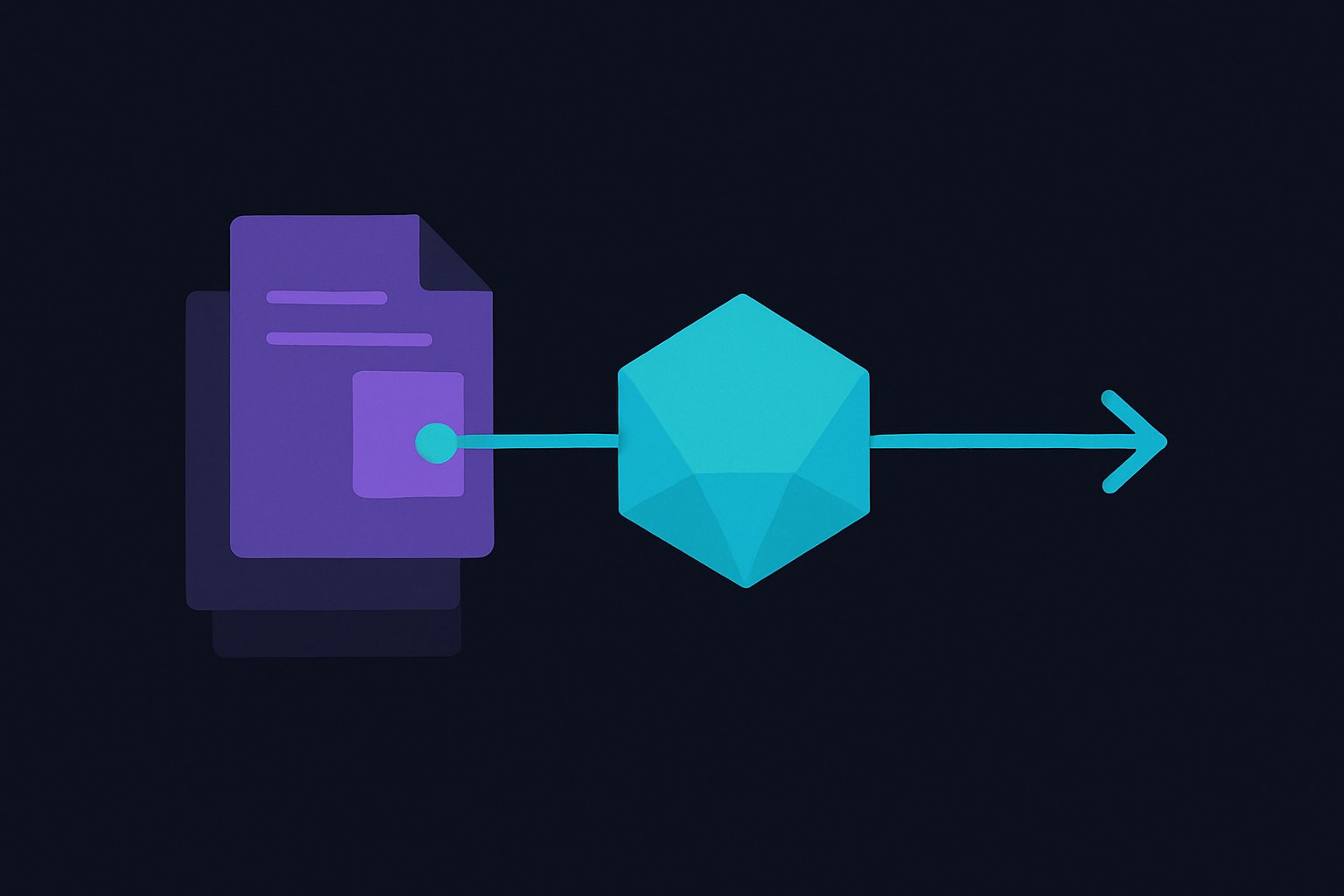 A question pulling relevant document cards from a stack, both feeding a core that emits one grounded answer.