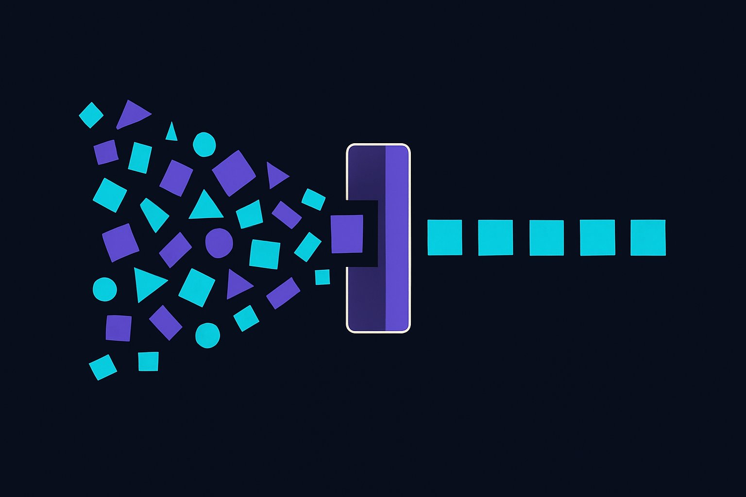 Crowding shapes passing through a buffer gate and emerging as one even ribbon.